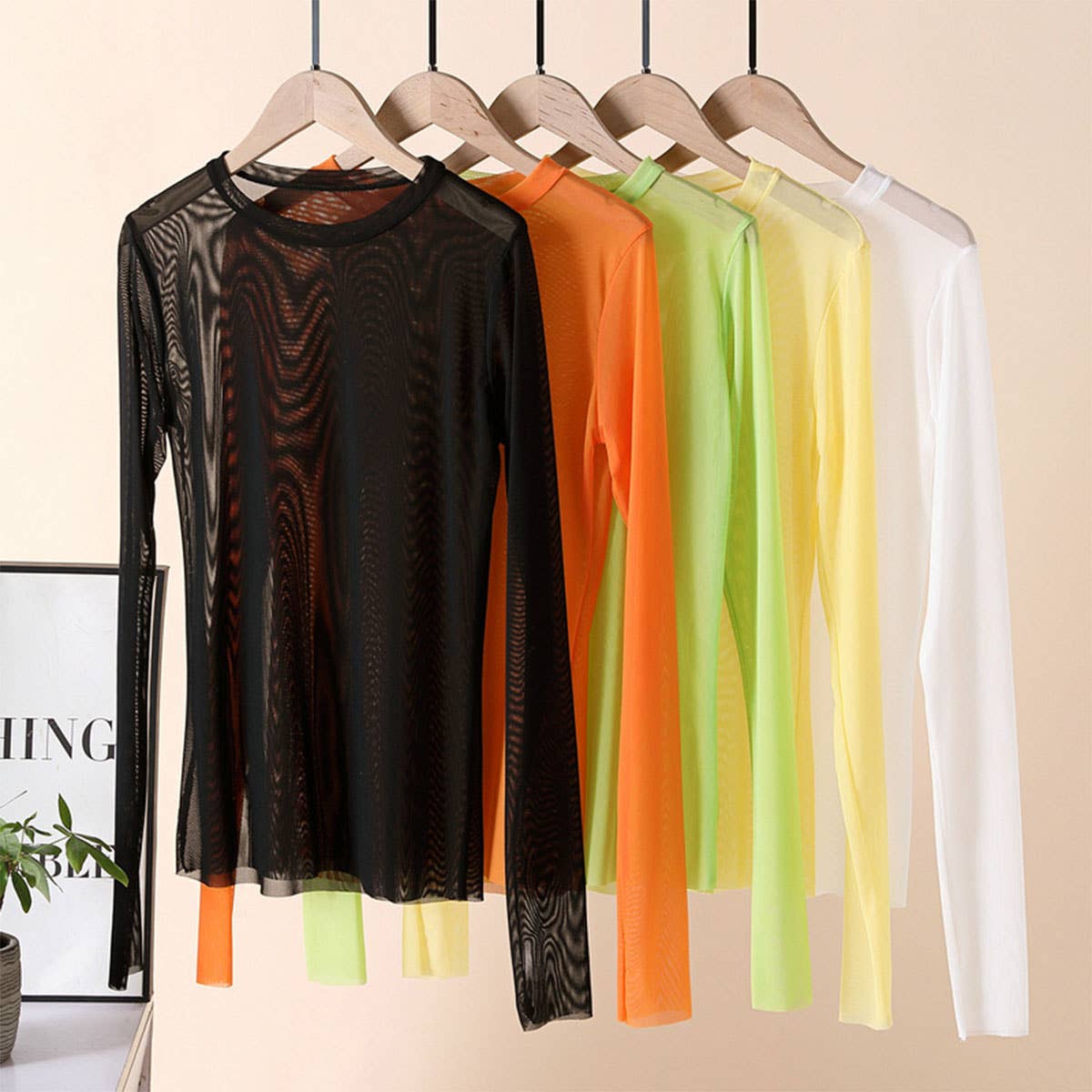 Candy Color Blouse - Long Sleeve Mesh Top_CWTBLL3620