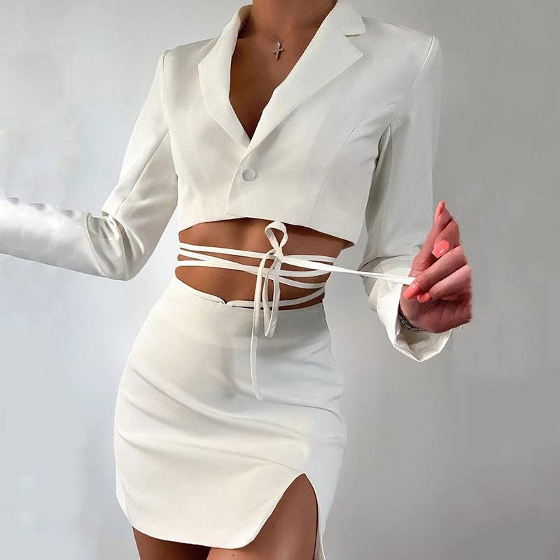 Crop Top Long Sleeve Bandage Skirt Set