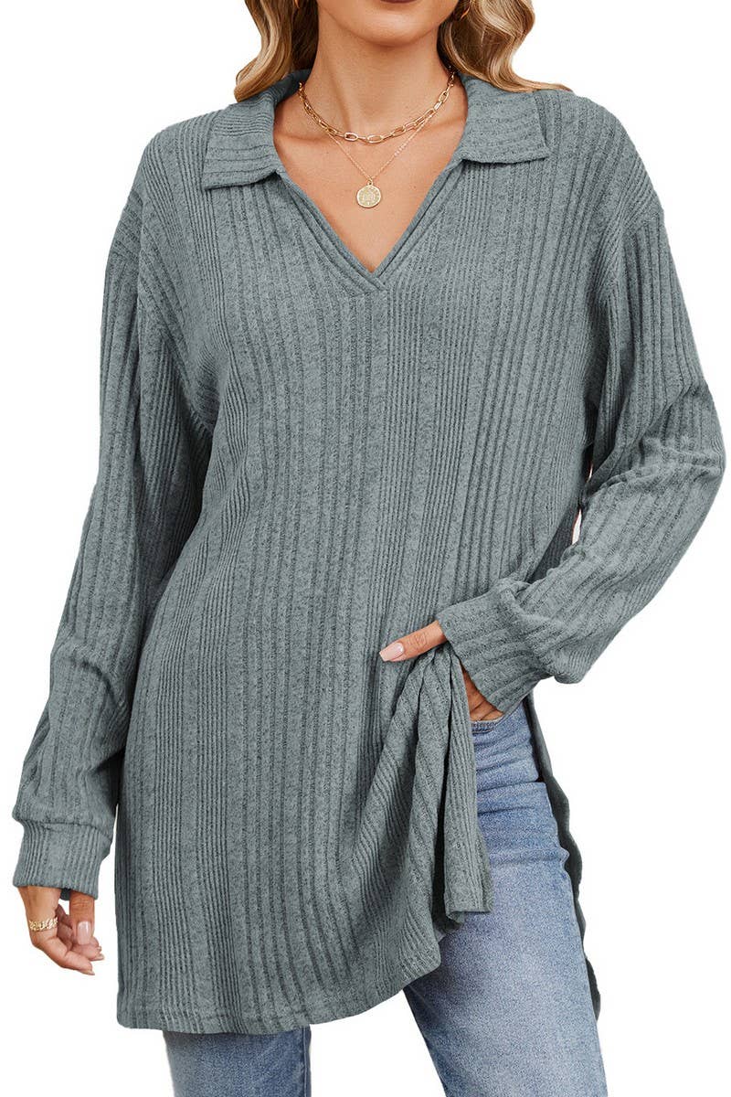 CWTBLL3668_FLIP COLLAR SLIT LONG SLEEVED LOOSE T-SHIRT TOP