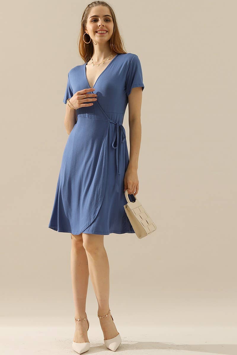 CWDSD10372_V NECK CASUALSHORT SLEEVE WRAP DRESSES