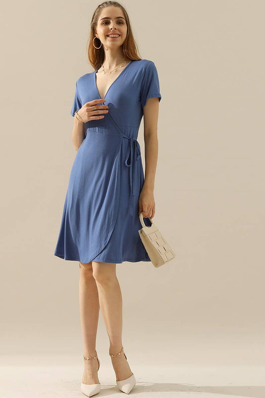 CWDSD10372_V NECK CASUALSHORT SLEEVE WRAP DRESSES