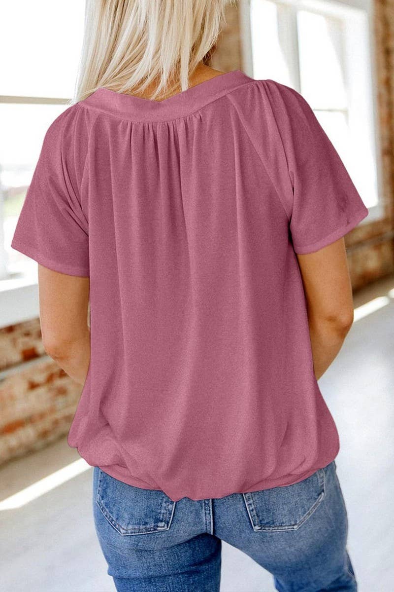 CWTBLS2255_V-NECK RUCHED LOOSE FIT COTTON T-SHIRT