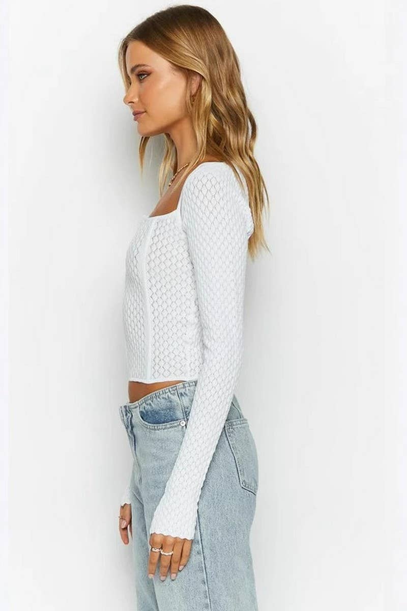 CWOSWL6782_WHITE LONG SLEEVE CROPPED KNIT SWEATER TOP