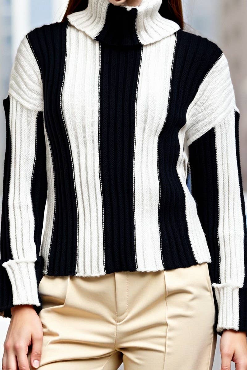 CWOSWL6947_STRIPED KNIT PATCHWORK TURTLENECK SWEATER