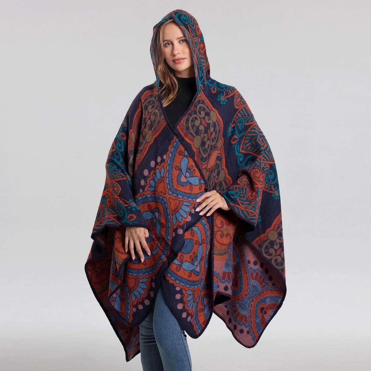 VINTAGE HOODED CAPE FAUX CASHMERE SHAWL CAPE