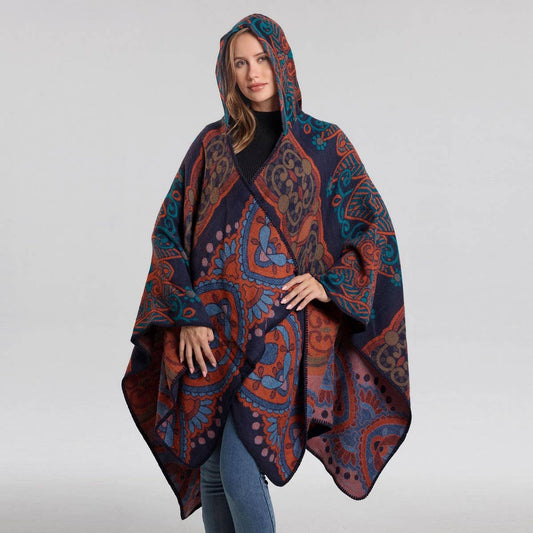 VINTAGE HOODED CAPE FAUX CASHMERE SHAWL CAPE