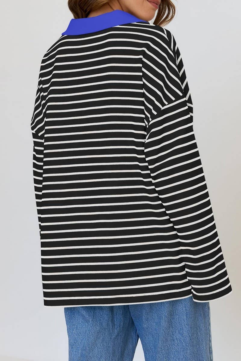 CWTBLL1811_LAPEL STRIPED V-NECK LOOSE SWEATSHIRT