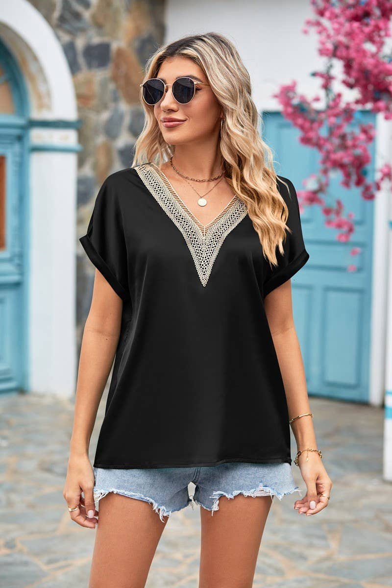 CWTSTS0269_V Neck Lace Trim Detail Short Sleeve Blouse