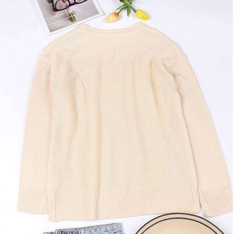 CREWNECK TWIST SOLID COLOR KNIT PULLOVER SWEATER