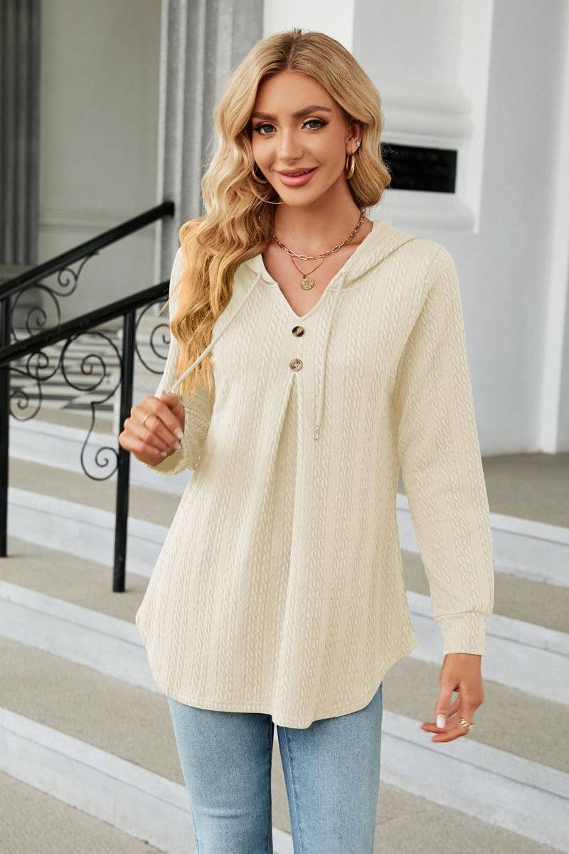 CWTBLL2794_FALL V-NECK HOODED LONG-SLEEVED KNIT TOP