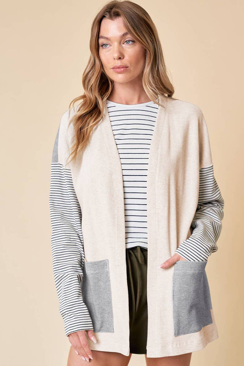 CASUAL STYLE MATCHING STRIPE BUTTON-DOWN CARDIGAN