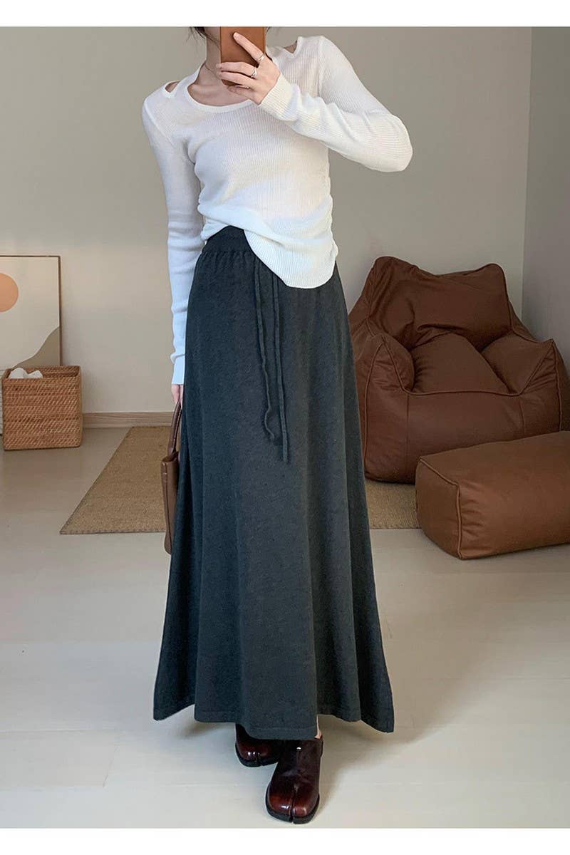 CWBLS0300_SOLID COLOR DRAWSTRING LONG KNIT SKIRT