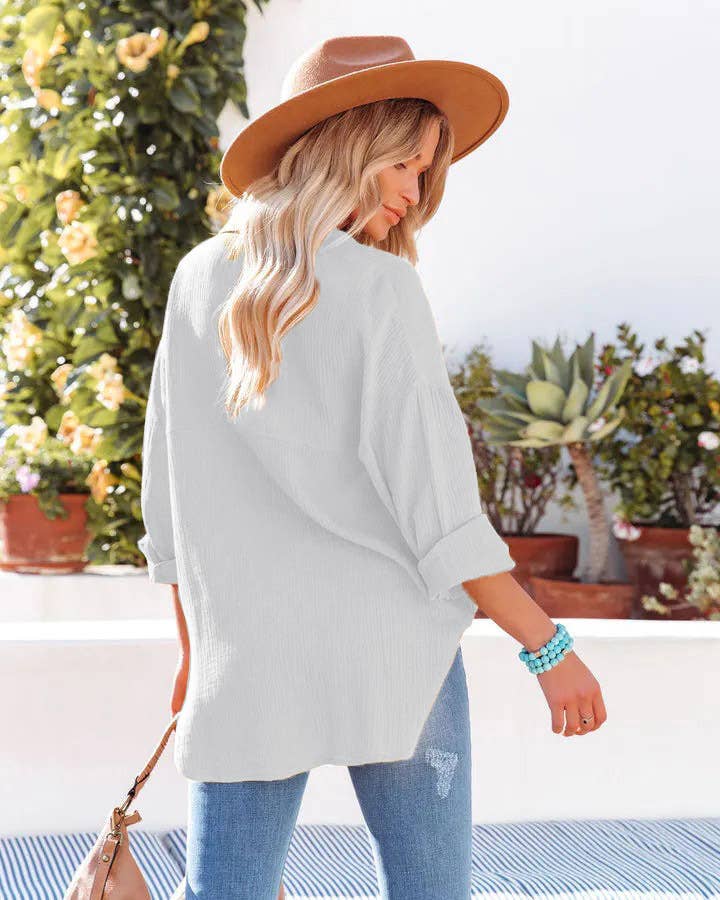 BAT-SLEEVED CASUAL SOLID COLOR LONG-SLEEVED SHIRT
