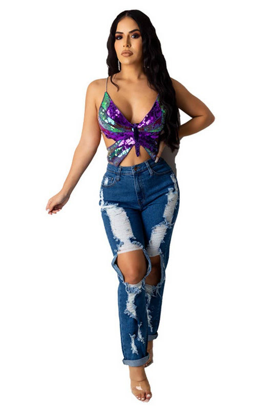 CWTTK00273_COLORFUL SEQUIN TIE-UP BUTTERFLY CAMI TOP