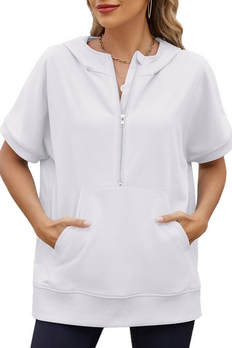 CWOHOS0018_LOOSE FIT ZIPPER SHORT SLEEVE HOODED SWEATSHIRT