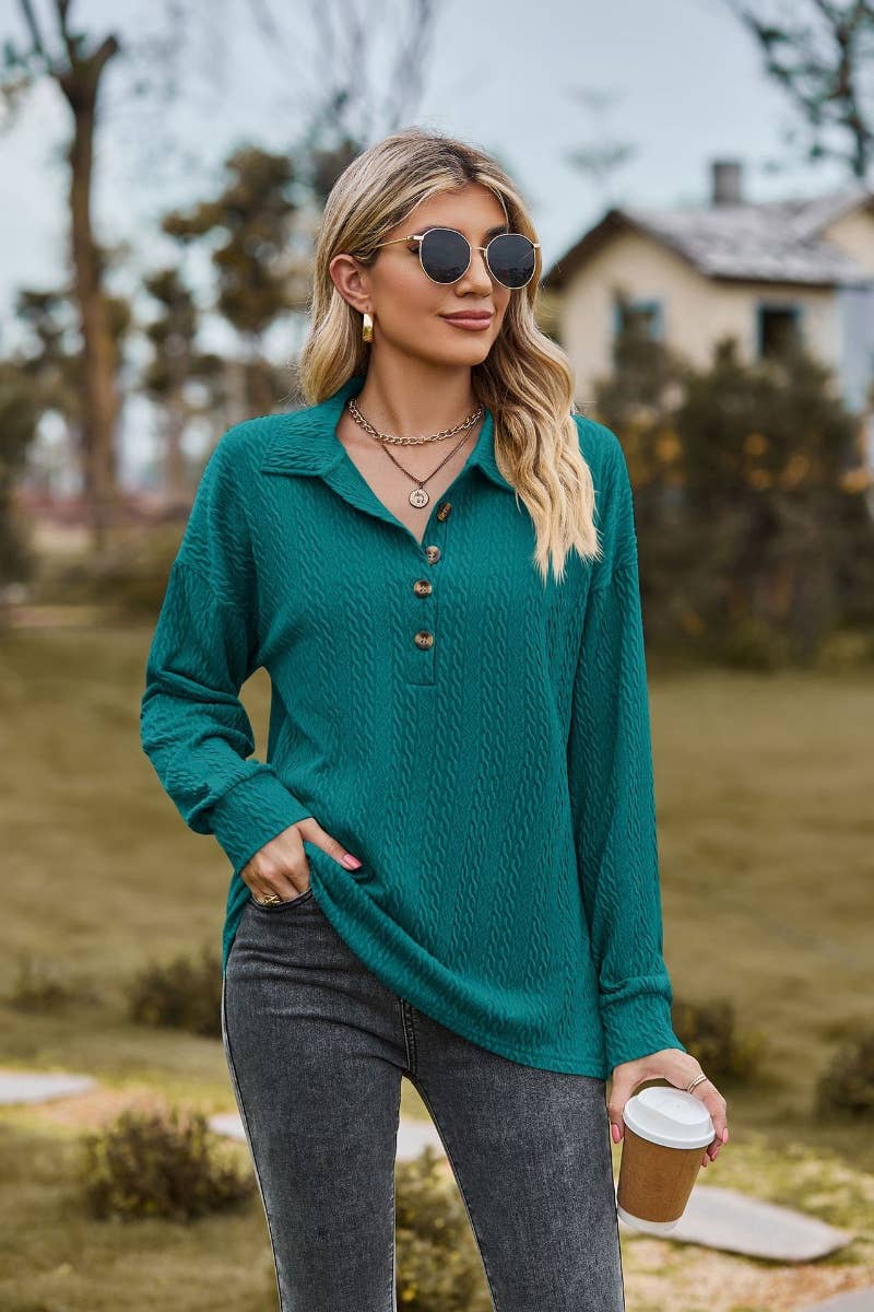 CWTBLL2803_LAPEL BUTTON-DOWN LONG-SLEEVED BAGGY TOP