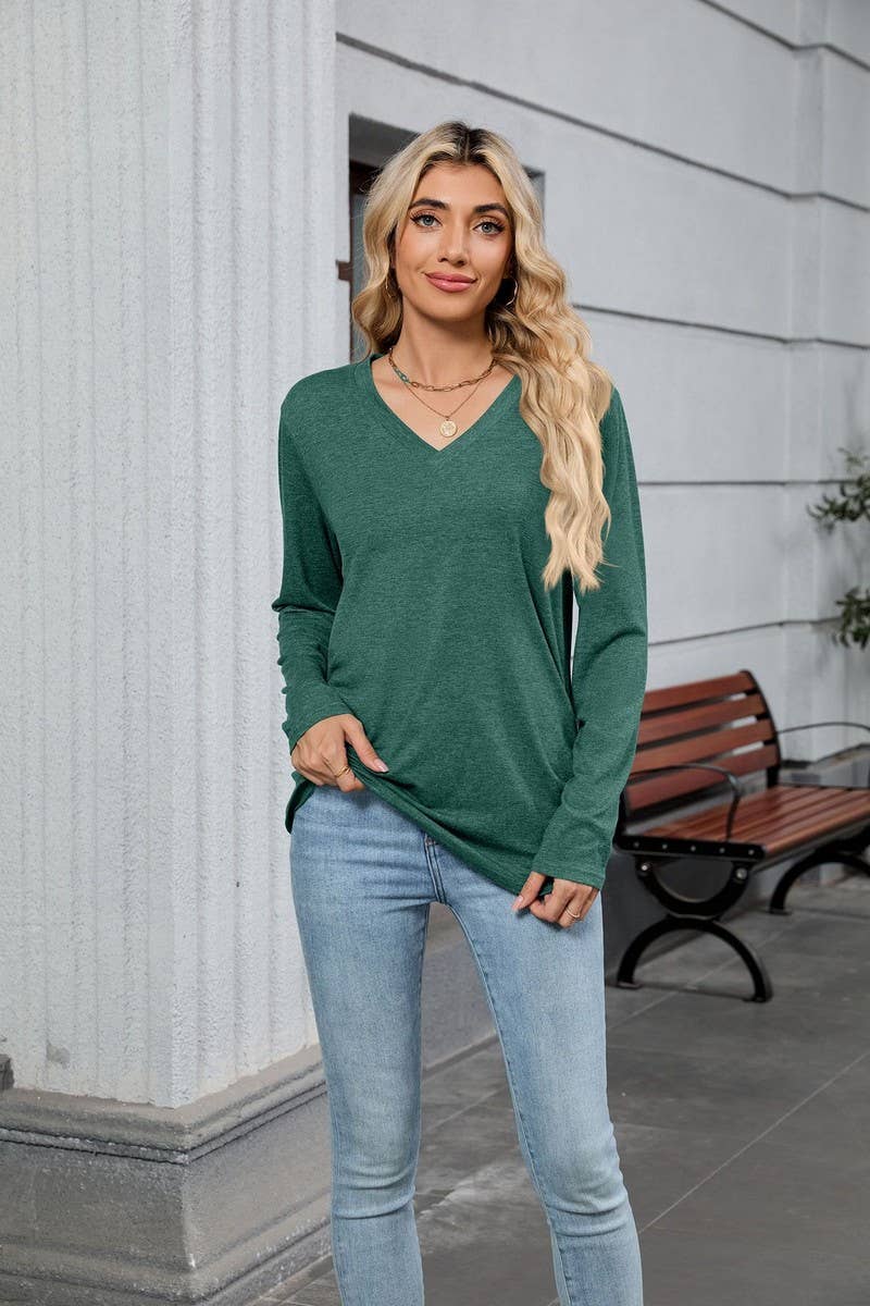 CWTBLL4019_SOLID V-NECK LOOSE FIT LONG SLEEVE T-SHIRT