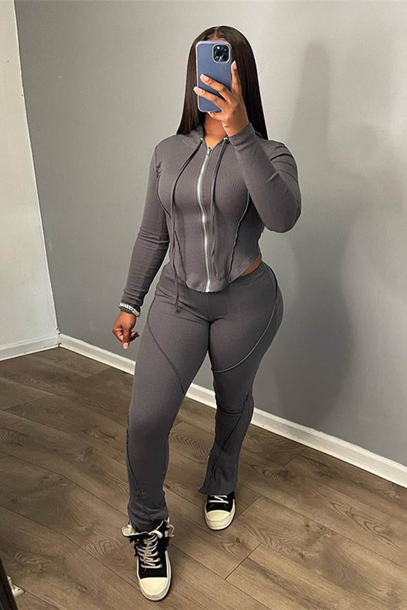 CWSTB1492_HOODED ZIPPER LONG SLEEVE PANTS TWO-PIECE SET