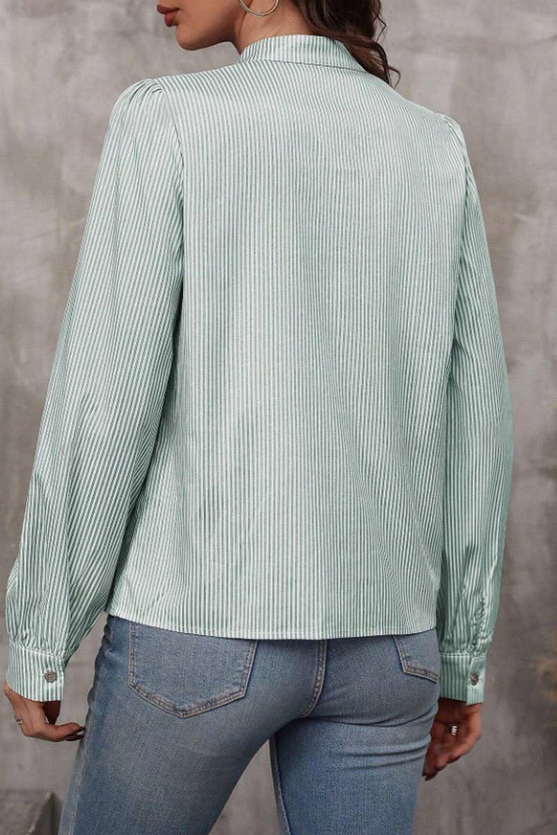 CWTSTL2886_STRIPED V-NECK TIE FRONT BUTTON LONG SLEEVE SHIRT