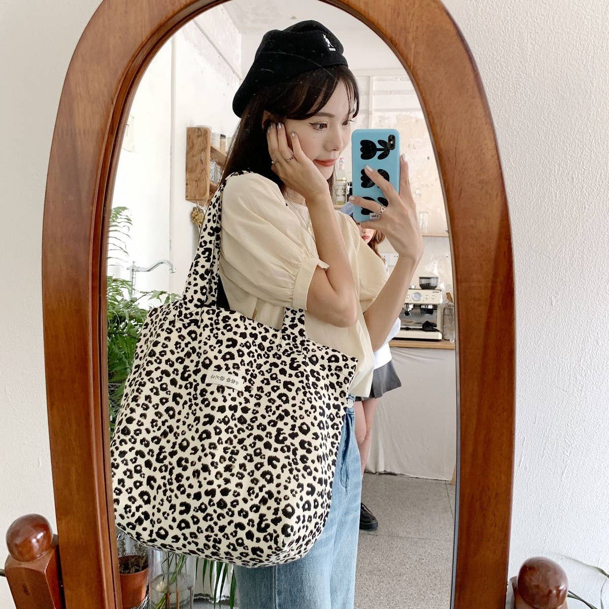 CWAB3905_LEOPARD PRINT LARGE CAPACITY CANVAS SHOULDER BAG