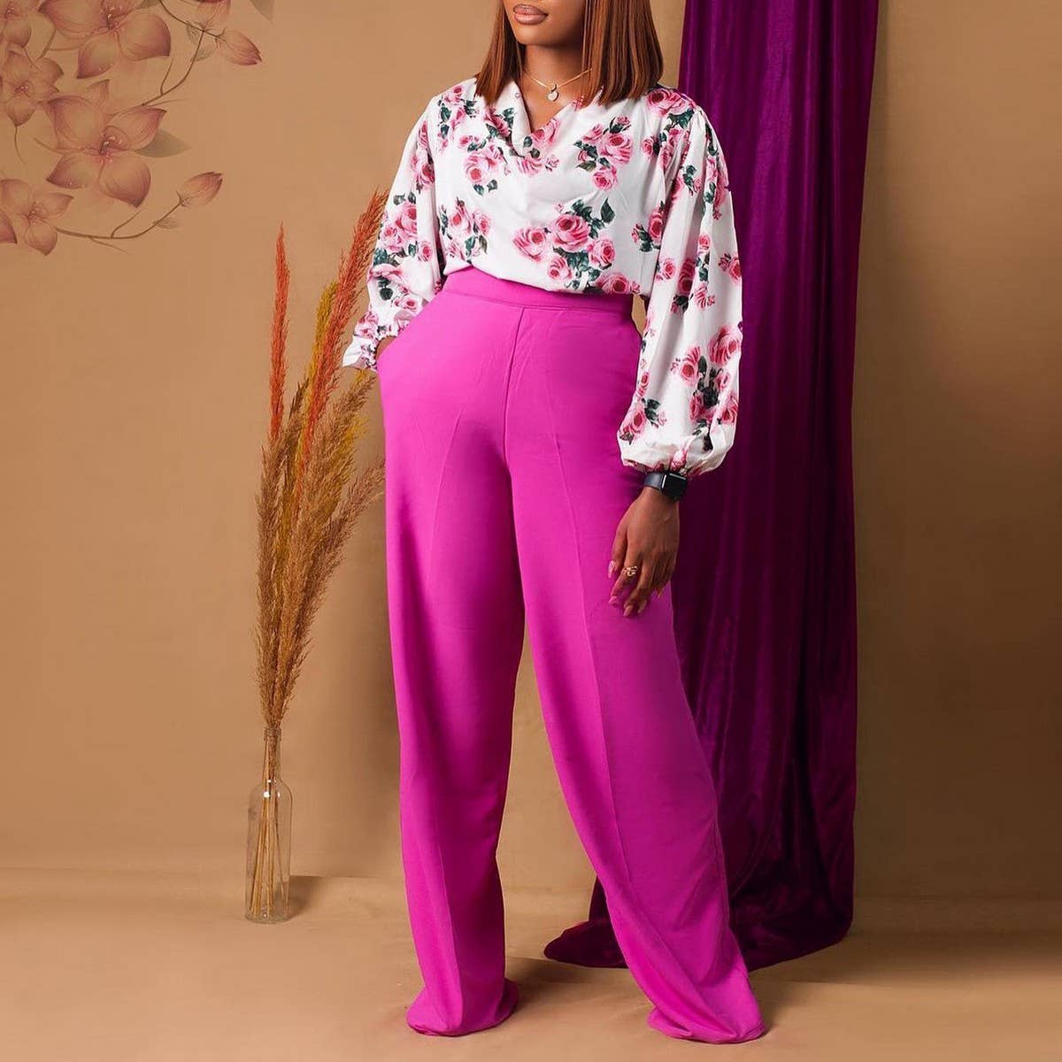 PRINTED TIE TOP AND WIDE-LEG PANTS TWO-PIECE SET_CWSTB1140