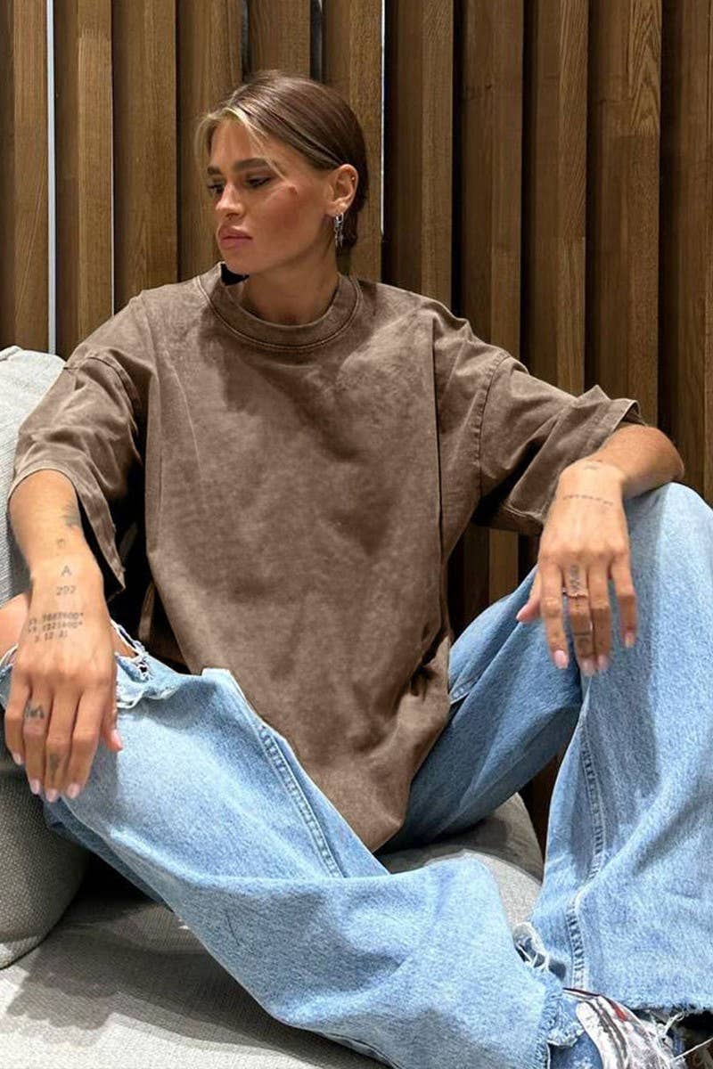 CWTTS1176_ROUND NECK WASHED DISTRESSED SHORT SLEEVE T-SHIRT