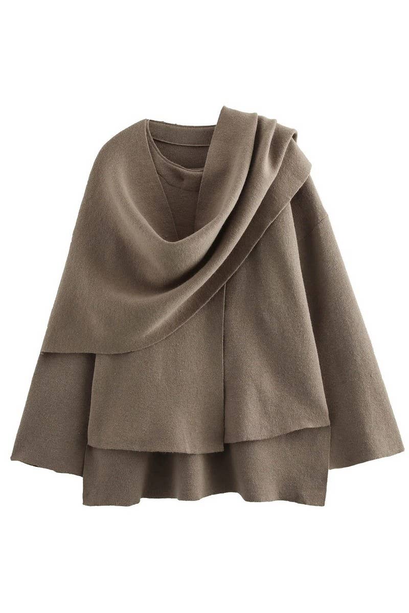 CWOCO1060_SOLID COLOR ASYMMETRIC SCARF KNITTED COATS