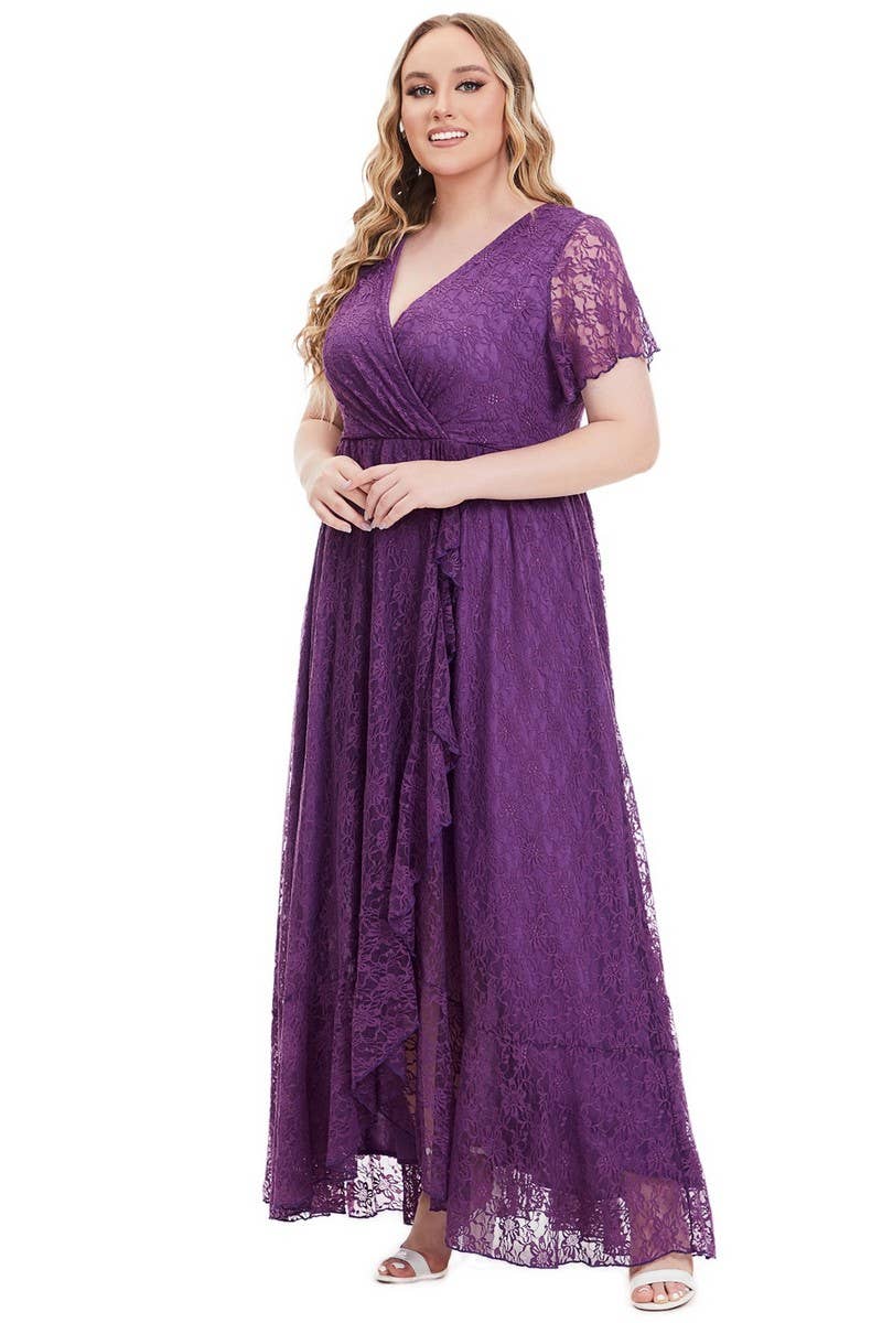 CWDMD3206_PLUS SIZE V-NECK LACE LONG EVENING DRESS