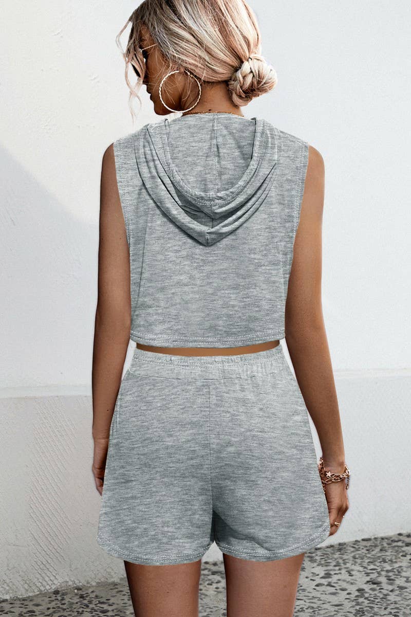 CWSS1072_HOODED PATCHWORK CASUAL VEST SHORTS TWO-PIECE SET