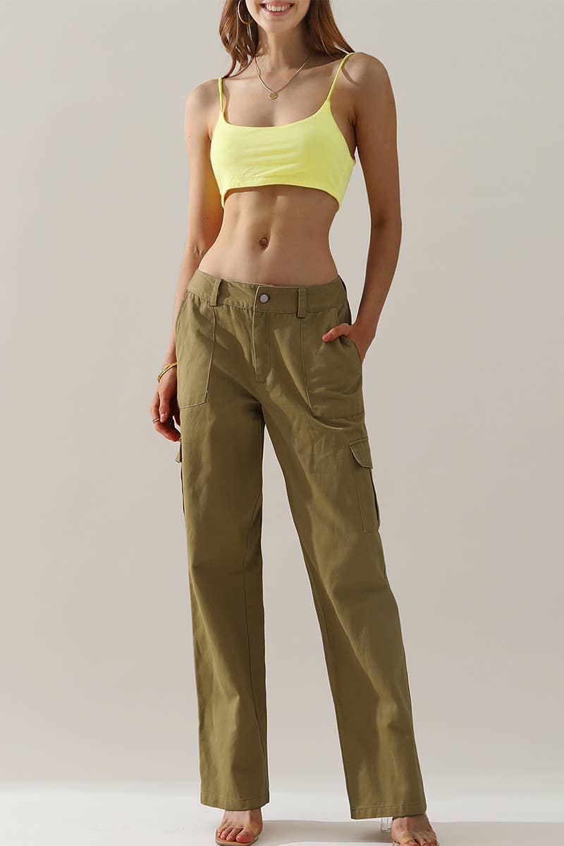 CWBLP421_Cargo Cotton Pants Wide Leg Casual Pants 4 Pockets