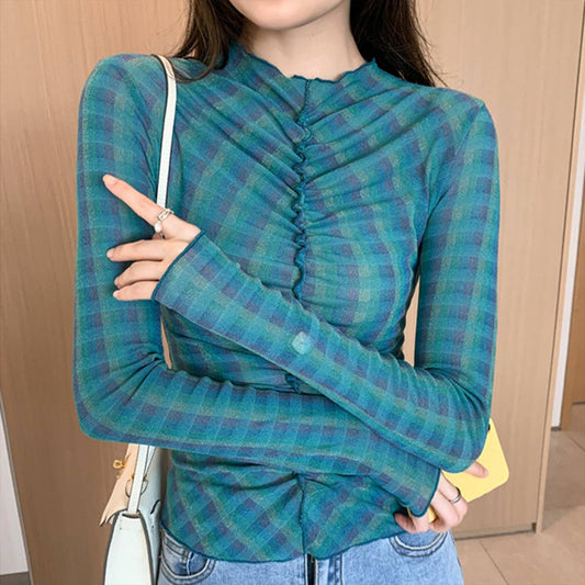 CREW-NECK RAINBOW PLAID PRINT SLIM-FIT PLEAT TOP