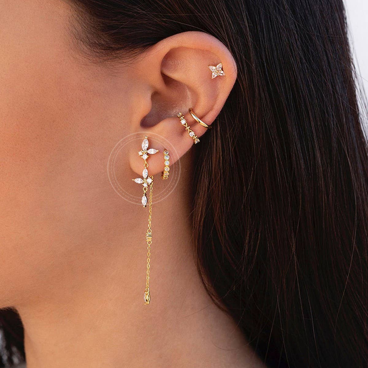 GEOMETRIC ZIRCON OCTAGONAL CHAIN EARRINGS