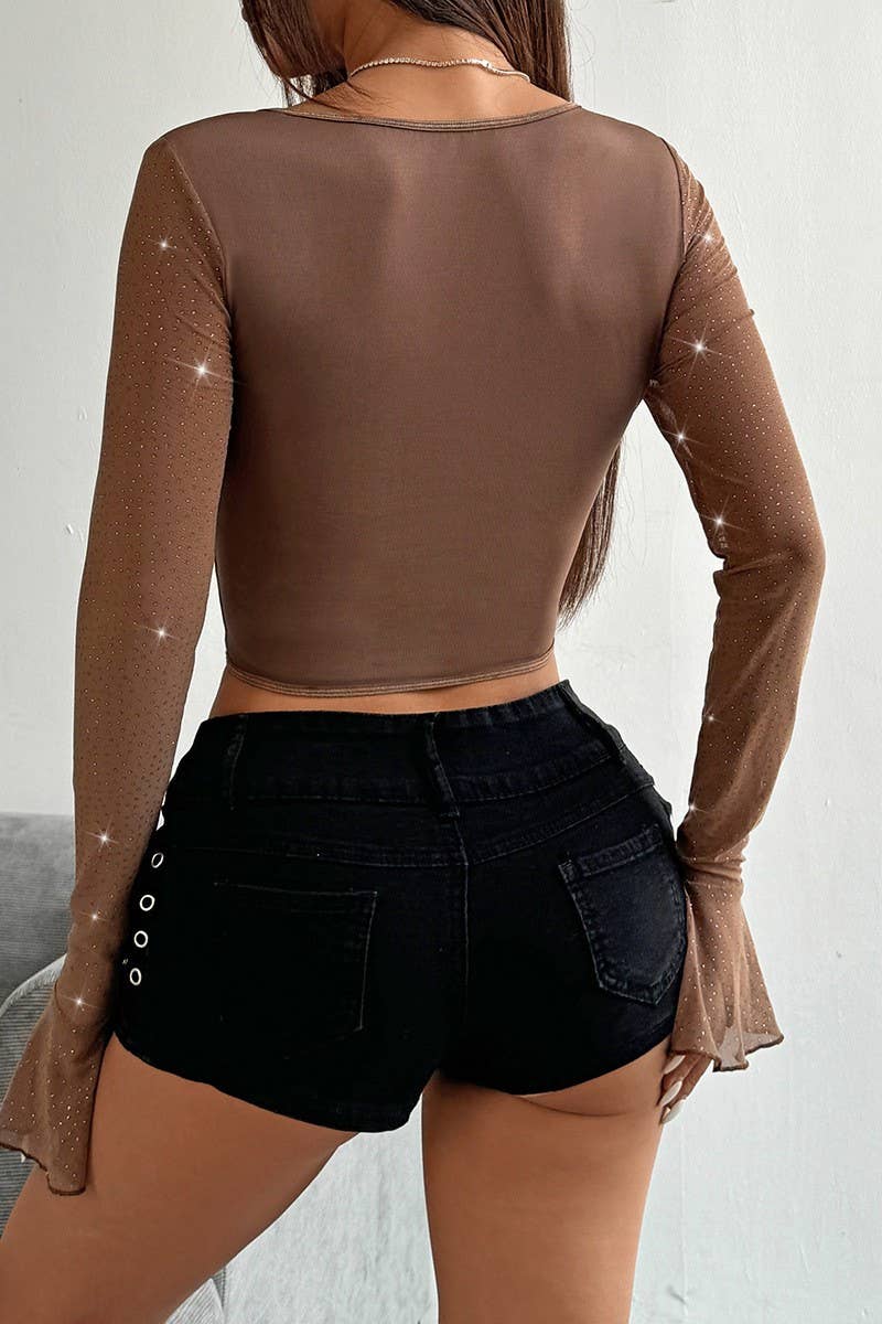 CWTBLL3648_BELL SLEEVE SEQUINED UNDERWIRED HERRINGBONE TOP