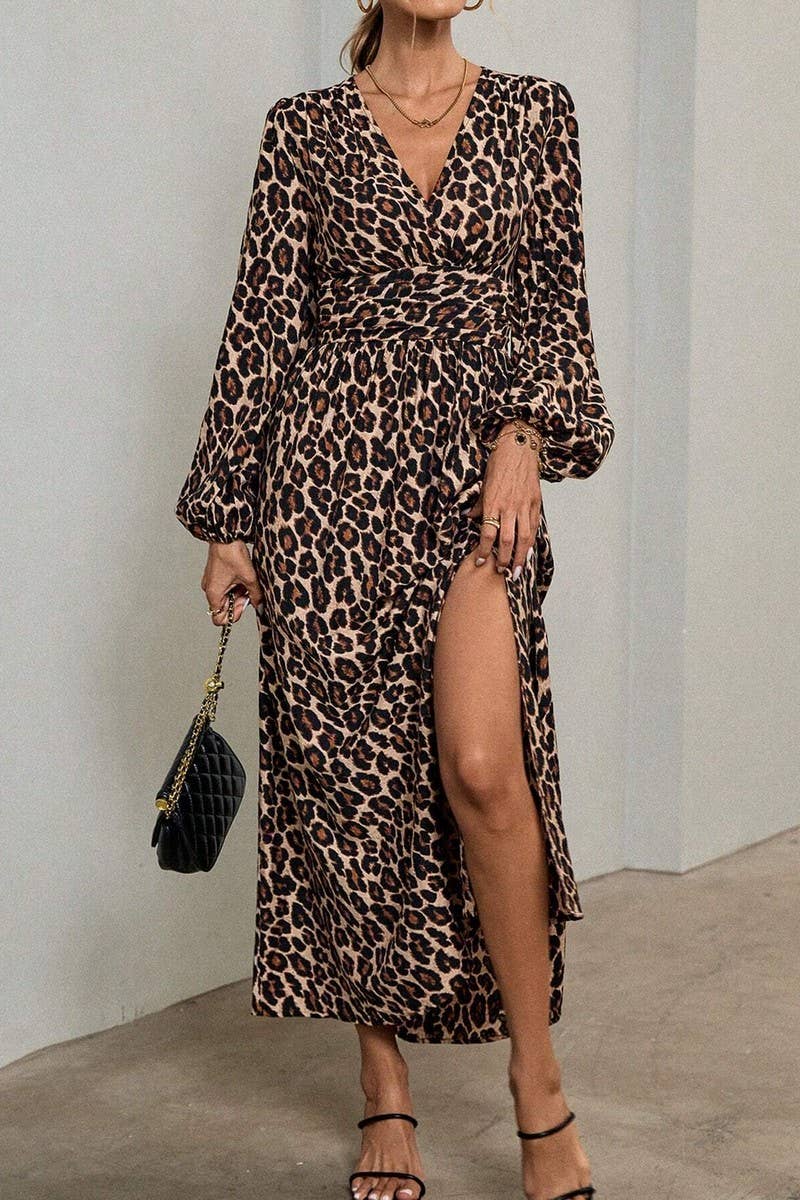 CWDMD3950_V-NECK LANTERN SLEEVES HIGH SLIT DRESS