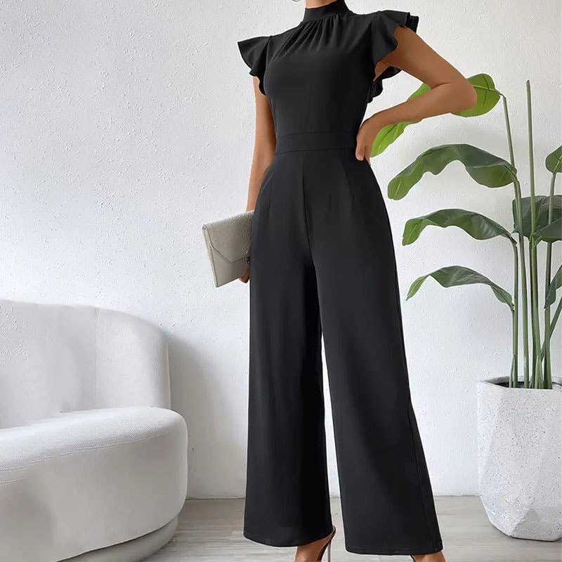 Broad-leg stand-up collar draped sleeves jumpsuit