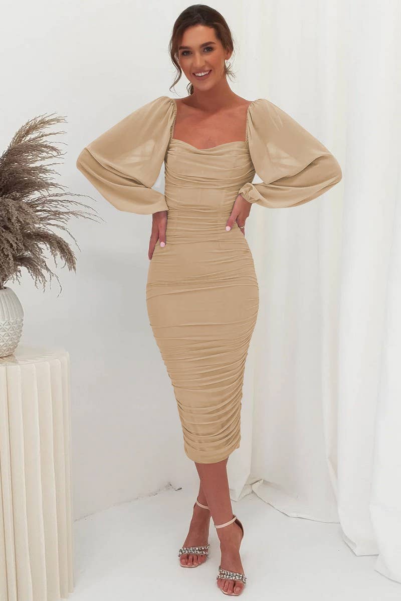 CWDMD6160_SQUARE NECK LACE STITCHING SLIT DRESS