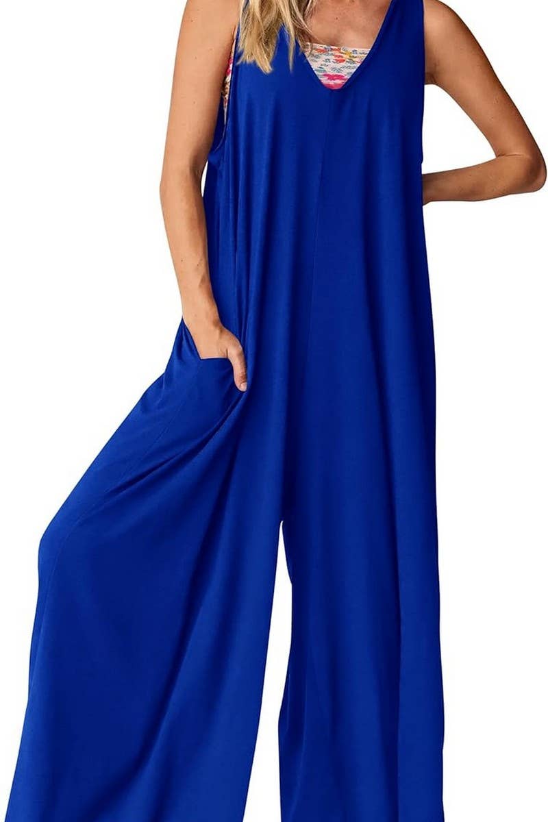 CWSJS00260_LOOSE SLEEVELESS VEST V-NECK WIDE-LEG JUMPSUIT