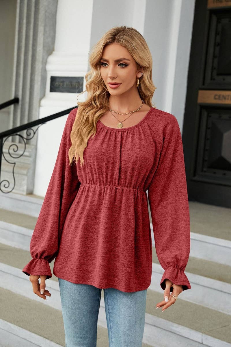 CWTBLL2828_FALL CREW NECK LONG SLEEVE WAISTBAND TOP