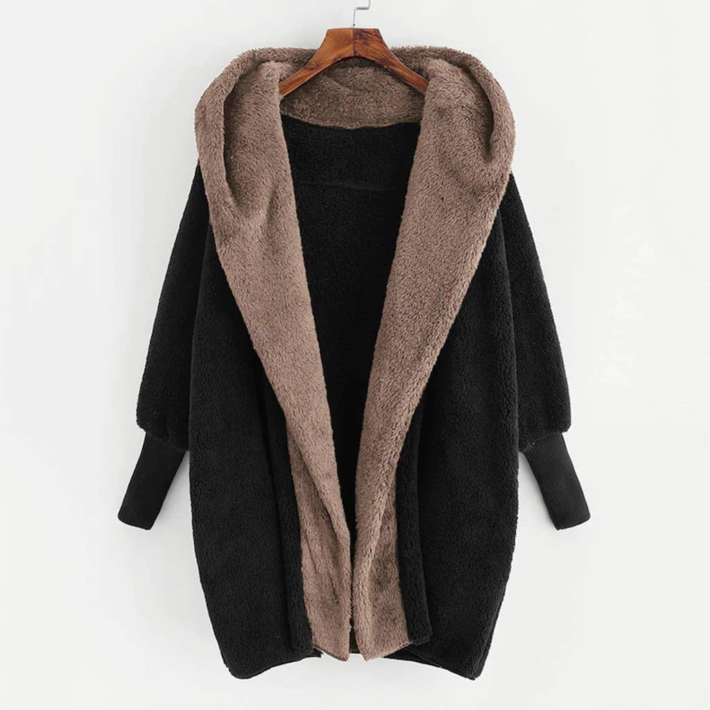 Color matching fleece hooded loose cardigan coat