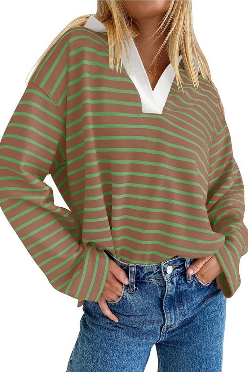 CWTBLL1811_LAPEL STRIPED V-NECK LOOSE SWEATSHIRT