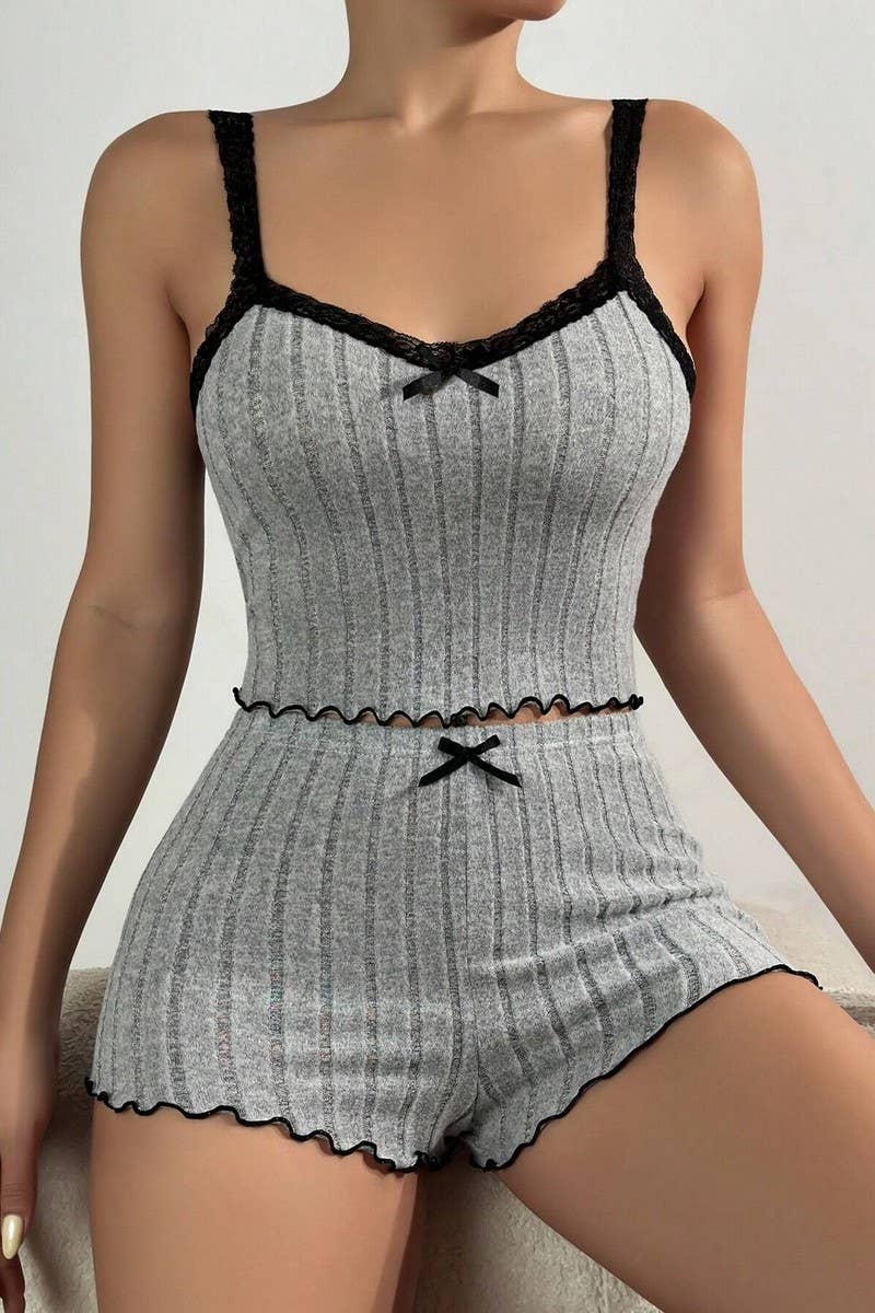 CWSPJ00487_LACE TRIM RIBBED CAMI AND SHORTS LOUNGEWEAR