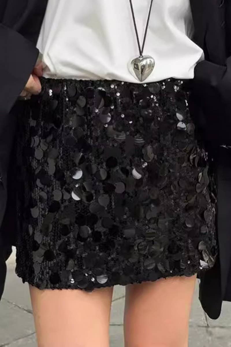 CWBSS0349_HIGH WAIST SOLID COLOR SEQUINED MINI SKIRT