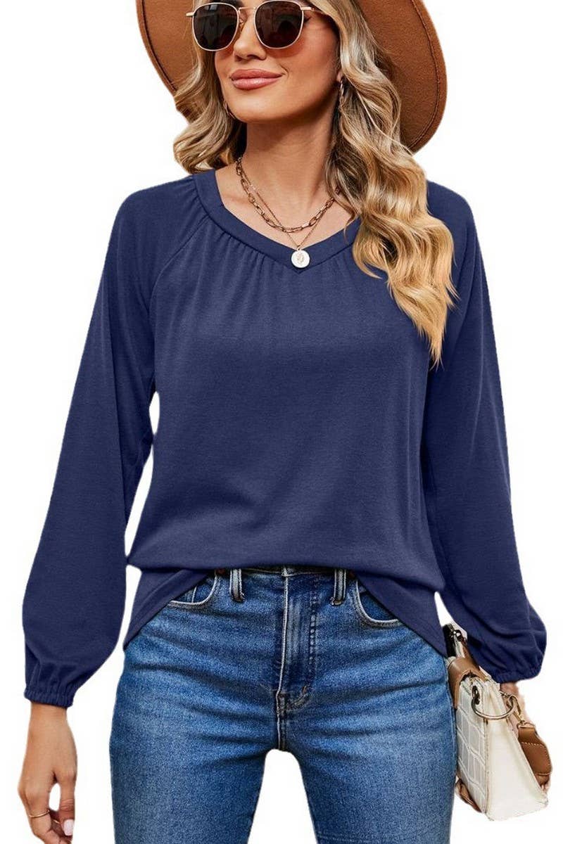 CWTBLL2370_LONG SLEEVE V NECK PLEATED LOOSE PULLOVER