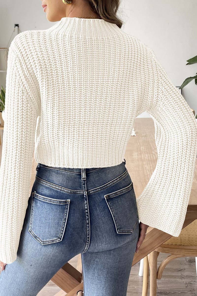 CWOSWL07408_WOMEN CROPPED KNIT SWEATER PEARL  FLARE SLEEVE