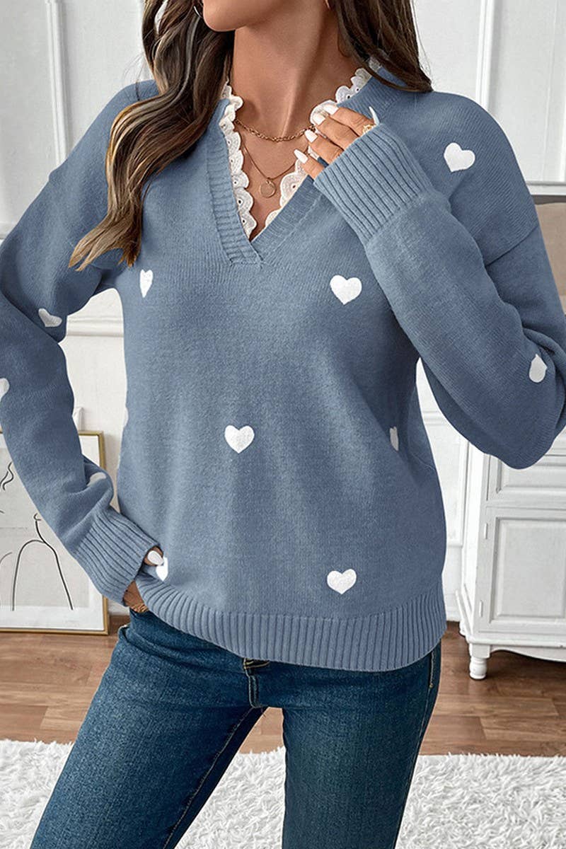 CWOSWL07115_V-NECK HEART-PRINT VALENTINE'S DAY SWEATER