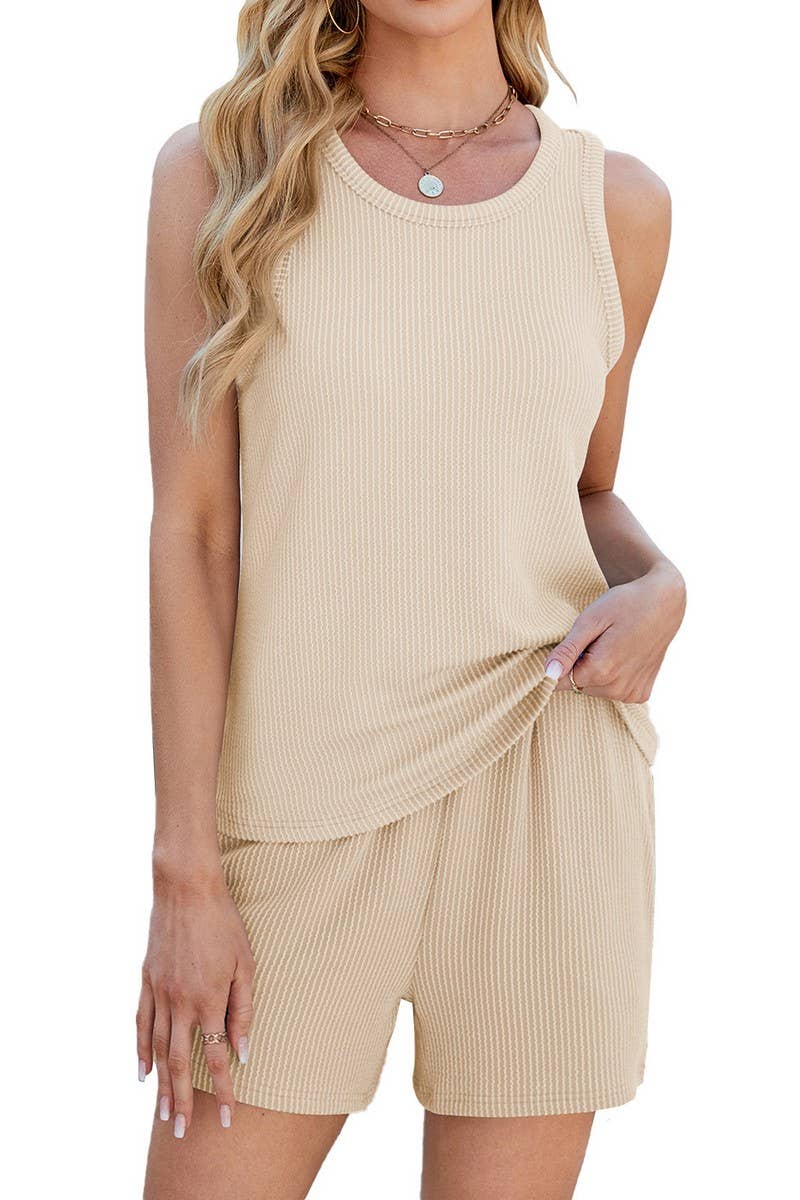 CWSTB2077_CREW NECK SLEEVELESS RIBBED POCKET SHORTS SET