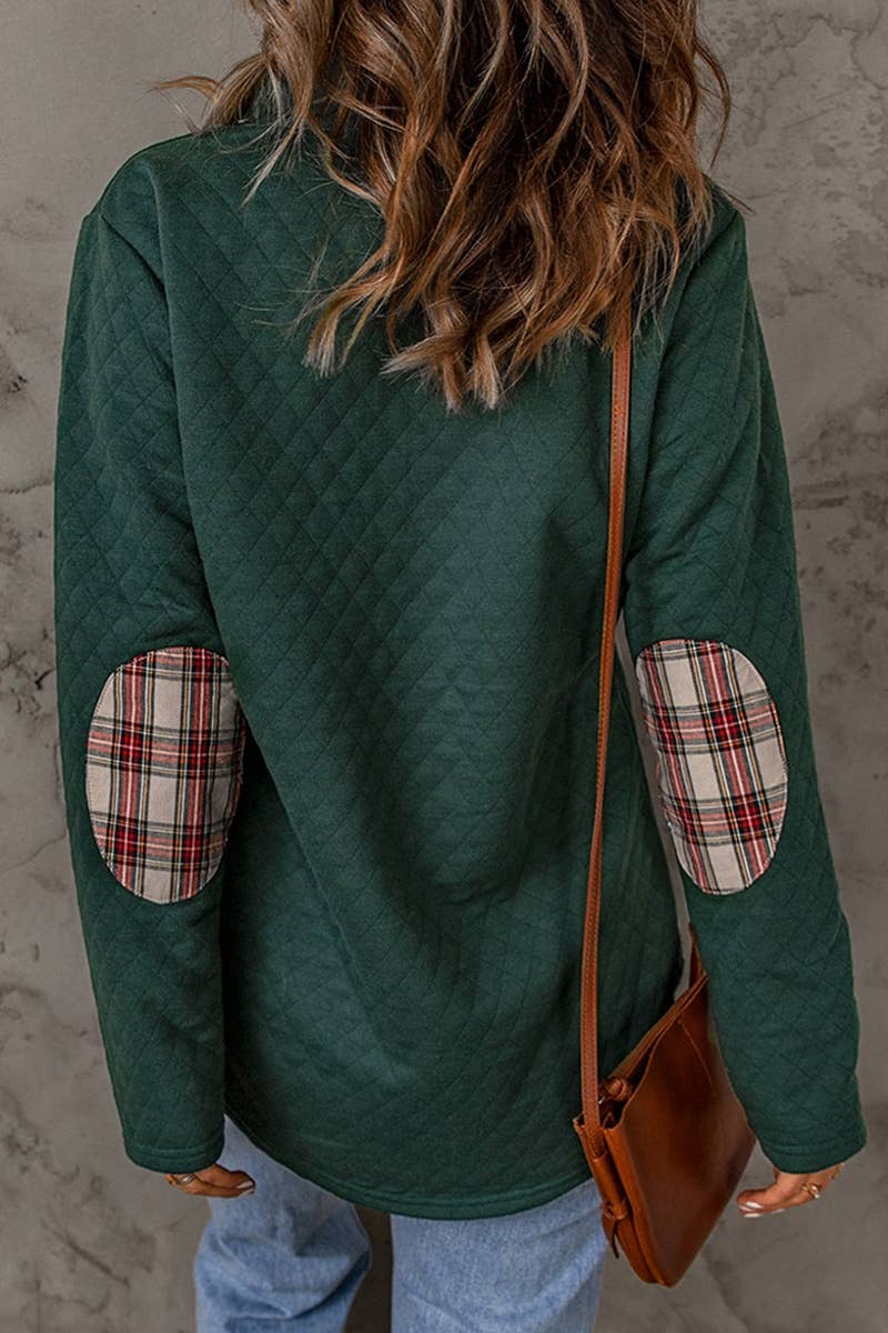 CWTBLL1310_AUTUMN LONG SLEEVE PLAID COLLAR PATCHWORK TOP