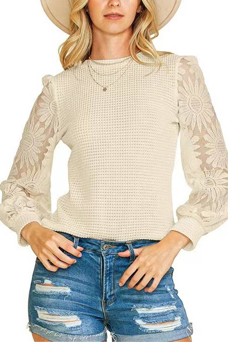 CWTTL2029_AUTUMN FASHION PINEAPPLE LACE SLEEVE PULLOVER