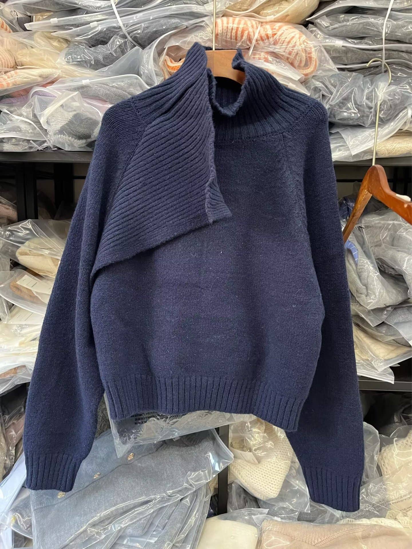 CASUAL SWEATER WITH SCARF EMBELLISHMENT PILE NECK