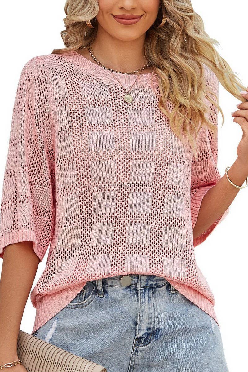 CWTTS1316_WOMEN'S ROUND NECK HOLLOW SUN PROTECTION BLOUSE